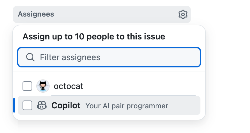 Screenshot of "Assignees" window on an issue. Copilot is available in the list.