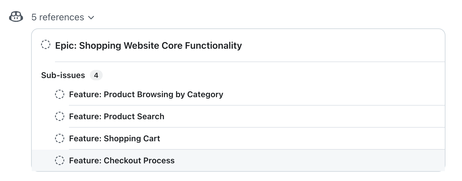 Screenshot of Copilot Chat. Copilot chat displays a list of issues with an epic at the top and several sub-issues beneath it.