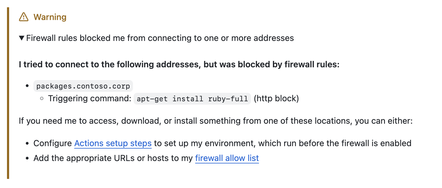 Screenshot of a warning from Copilot about being blocked by the firewall.